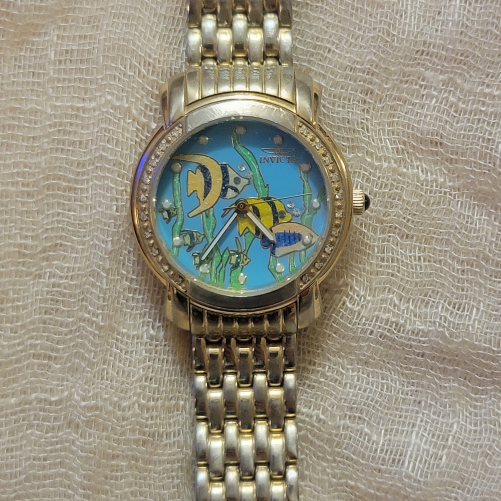Invicta Gold and Blue Fish Design Watch